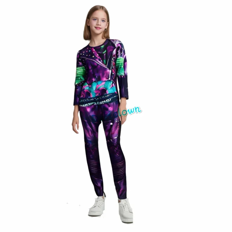 Costume per bambini Mal Discendenti 3 per ragazze Evie Costume cosplay Bambino Fantasia Vestiti di Halloween Parrucca per feste di compleanno