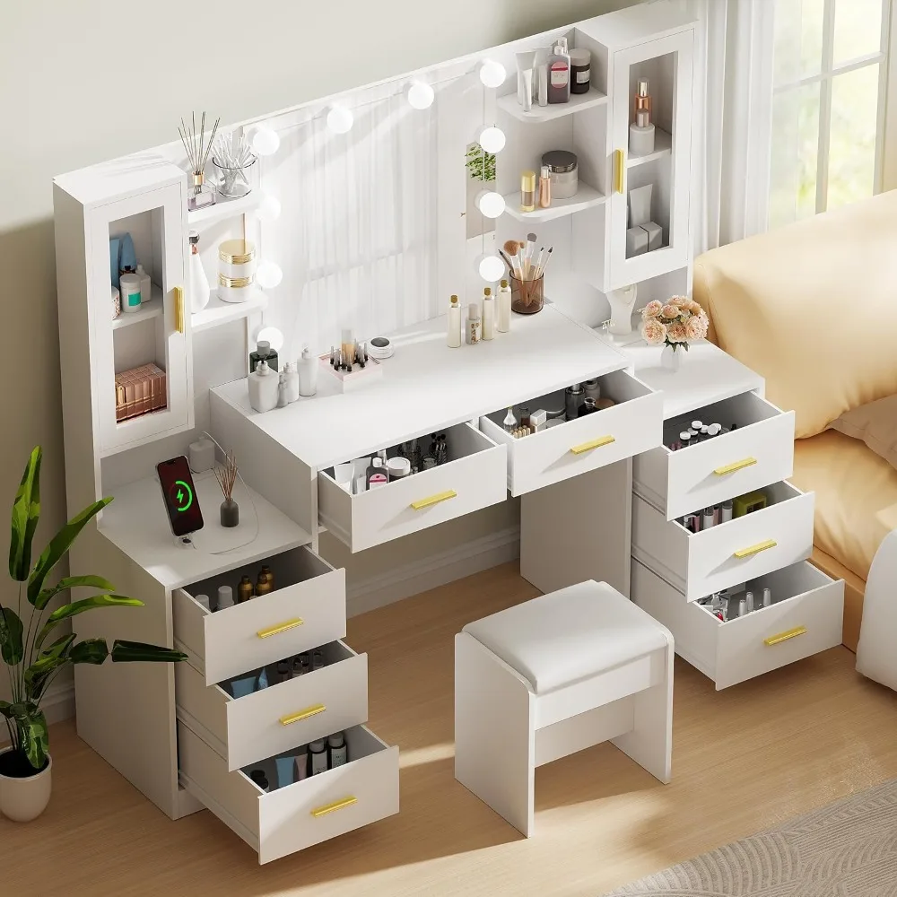 59.1"Large Vanity Desk with Mirror & Lights White Makeup Vanity Set with Power Outlet and 8 Drawers 3 Lighting Modes Adjustable