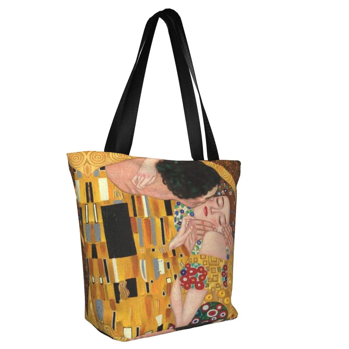 Reusable The Kiss By Gustav Klimt Shopping Bag Women Canvas Shoulder Tote Bag Washable Painting Art Grocery Shopper Bags