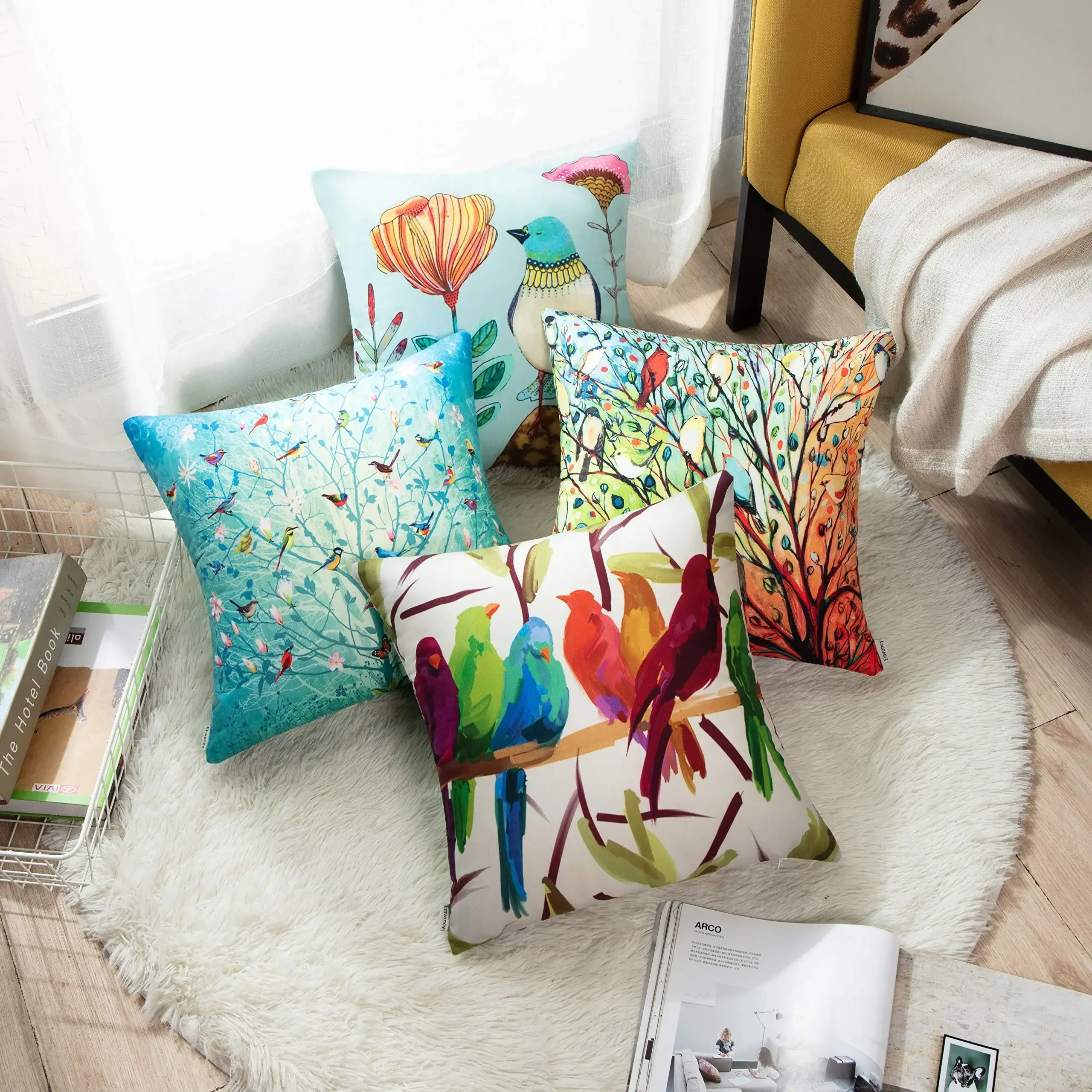 Branch bird flower linen pillowcase sofa cushion cover home decoration 40x40 50x50 60x60 45x45 pillow green forest nature