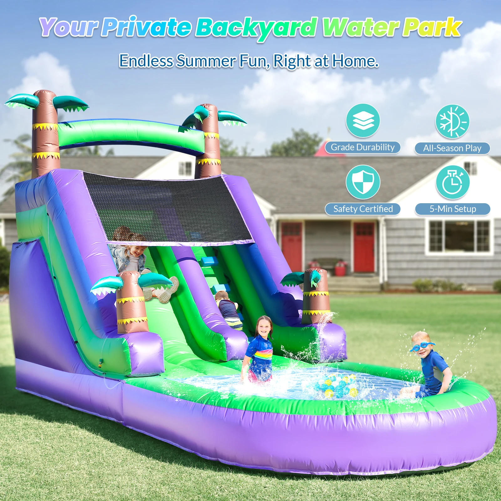 Children's Playground Inflatable Water Slide, Commercial Bounce House with Water Slide PVC and a 1100W Air Blower 21ft/6.4M