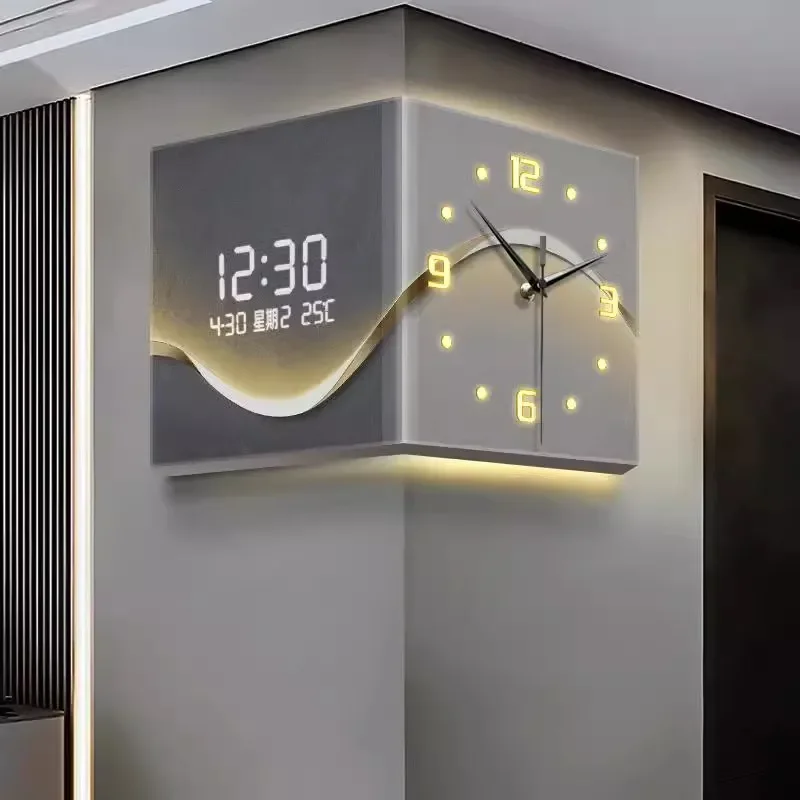 Abstract Art Pattern Corner Double-sided Wall Clock with Silent Digital Display (Pointer Style)