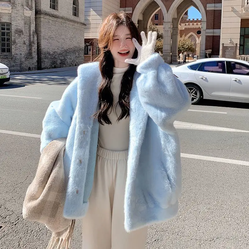 Women Blue Hooded Coat Autumn Winter Faux Fur Jacket Loose Fit Warm Thickened Mid-Length Coat