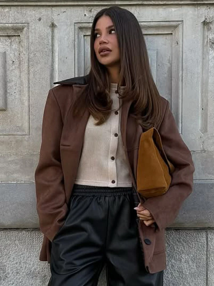 Trendix Vintage Suede Jacket Femme 2025 Autumn Lapel Patchwork Pocket Cardigan Coats Winter Street Retro Loose Commuting Coat