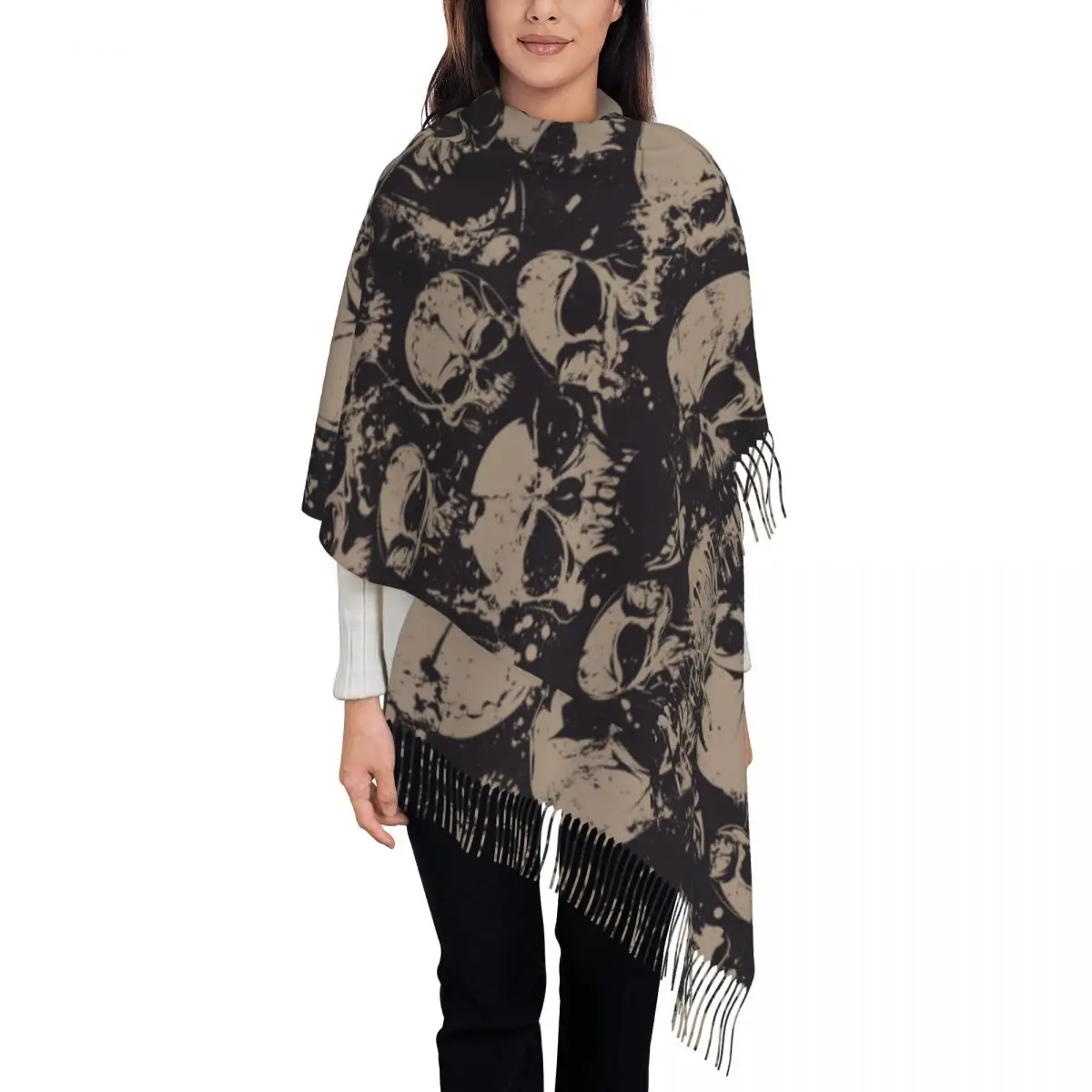 Women's Scarf with Tassel Cool Skull Long Winter Warm Shawl and Wrap Halloween Cartoon Daily Wear Pashmina Scarves