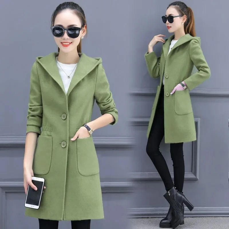 Women\'s hooded trench coat New autumn winter 2023 warm tweed jacket South Korea fashion elegant office ladies long coat