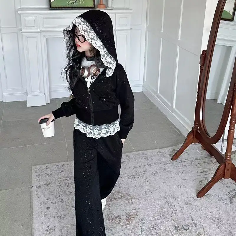

2026 New Girls' Spring Two-Piece Set Lace Hooded Outfit +wide leg pants 4 5 8 10 11 12 13 15 Year