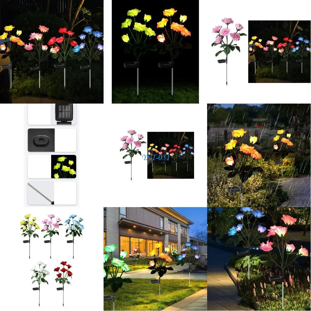 E15A أضواء حديقة الطاقة الشمسية في الهواء الطلق ديكور أضواء زهرة الورد الشمسية أضواء المناظر الطبيعية