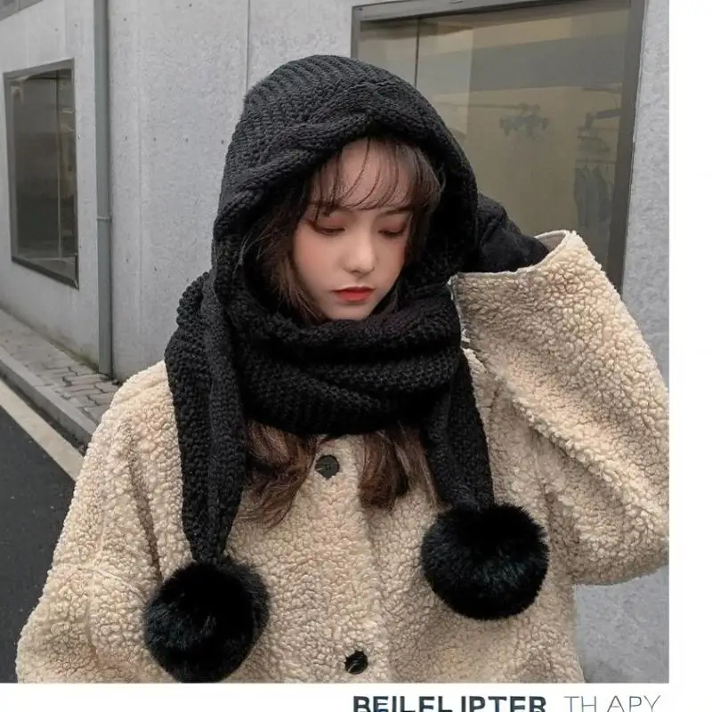 Damen Winter Strickmütze mit integriertem Schal, flauschigen Bommeln, dick und warm für Skifahren, Pendeln und kaltes Wetter – Detail 8
