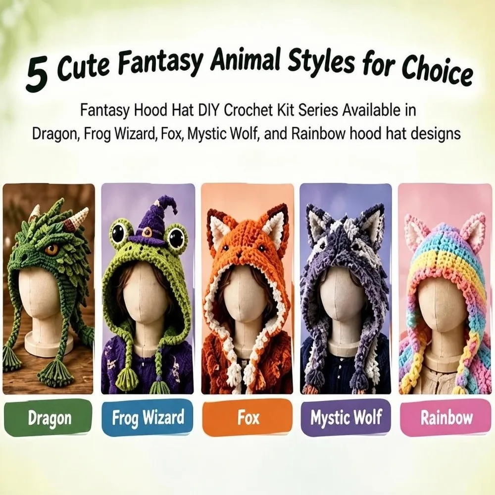 DIY Hood Hat Crochet Kit Handmade Craft Knitted Hat Crochet Kit with Step-by-Step Guide Animal Hood Hat Crochet Kit