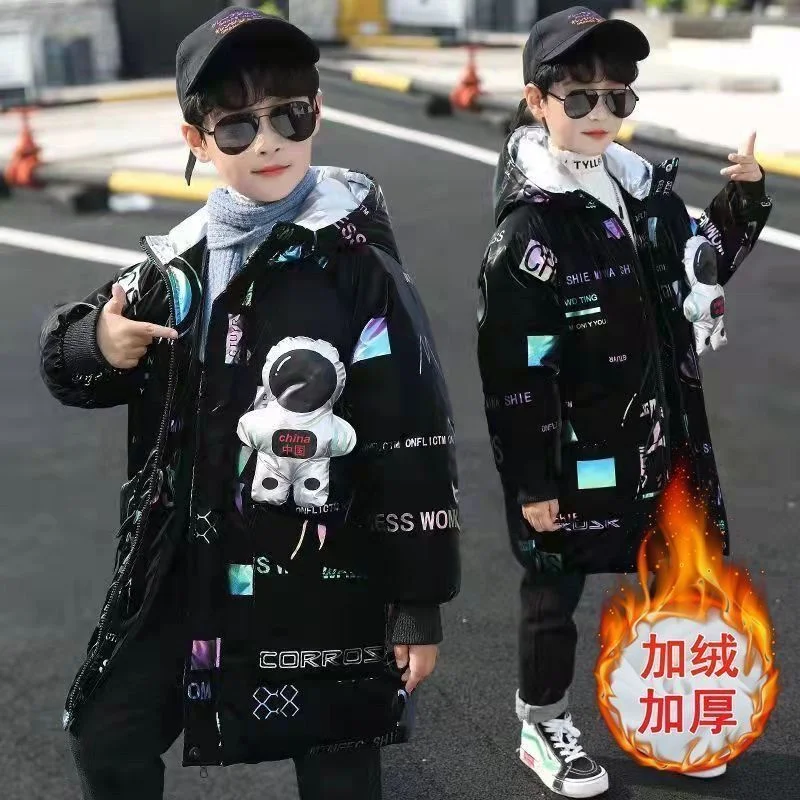 Boys Padded Long Jackets -30℃ Winter Kids Print Mid-Length Warm Coat Cold Protection Hooded Cotton Parka Outerwear 5-12 Years