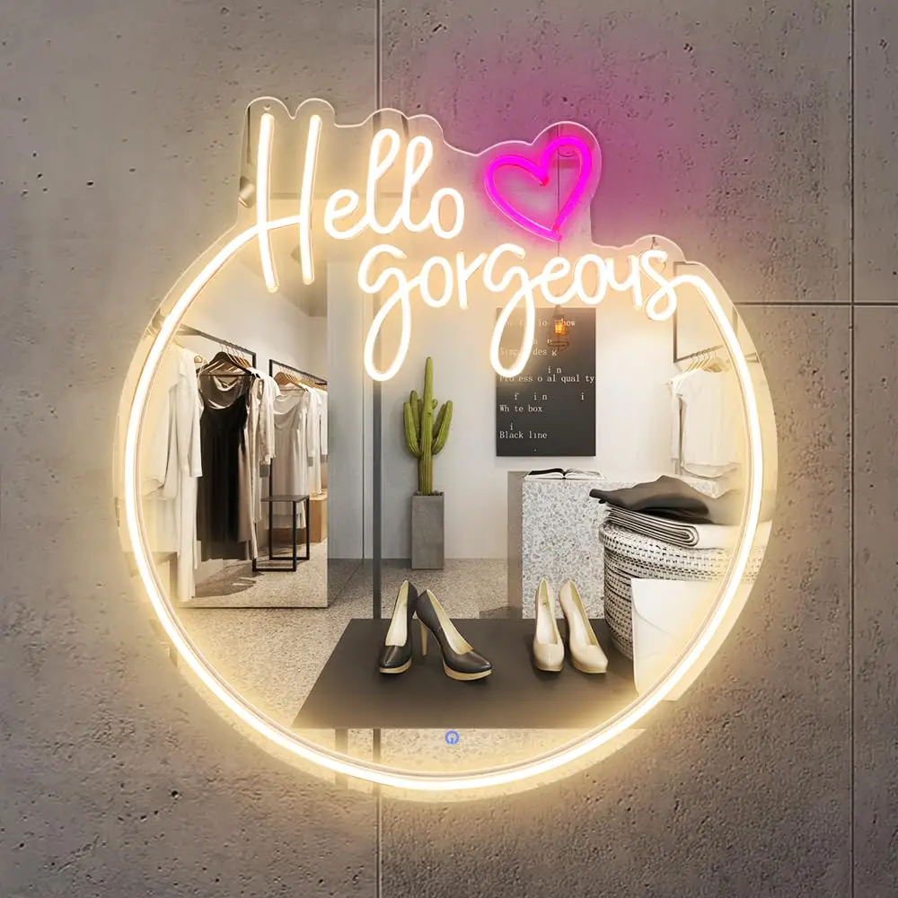  Hello Gorgeous Mirror LED Neon Sign USB Dimmable Neon Light Sign for Gameroom Bedroom Bar Livingroom Party Gift Wall Gift