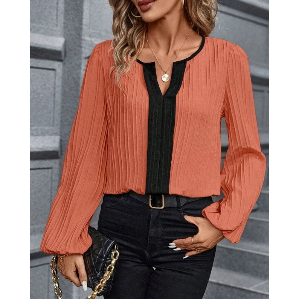 

Elegant Women Colorblock Striped V Cut Neck Casual Blouse New Fall Fashion Formal Lantern Sleeve Outwear Blusa Mujer Clothing