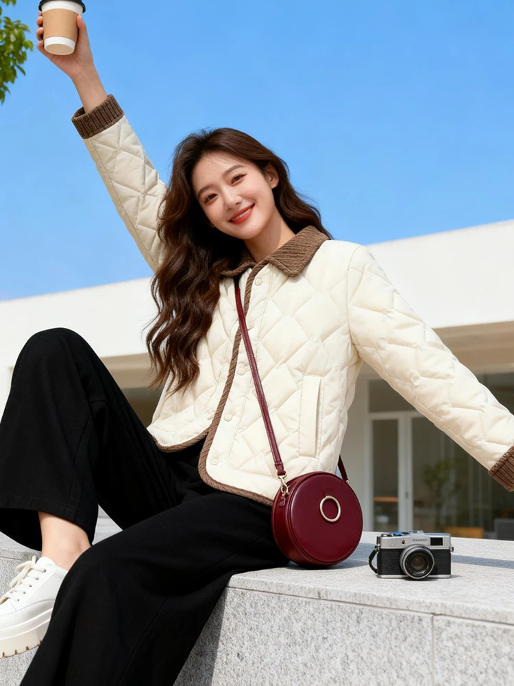 

High-End Ele Women's down Cotton Jaet Fce Lined Thiened Luxury ort Outerwear Korean Sle Loose Fit Pure Color