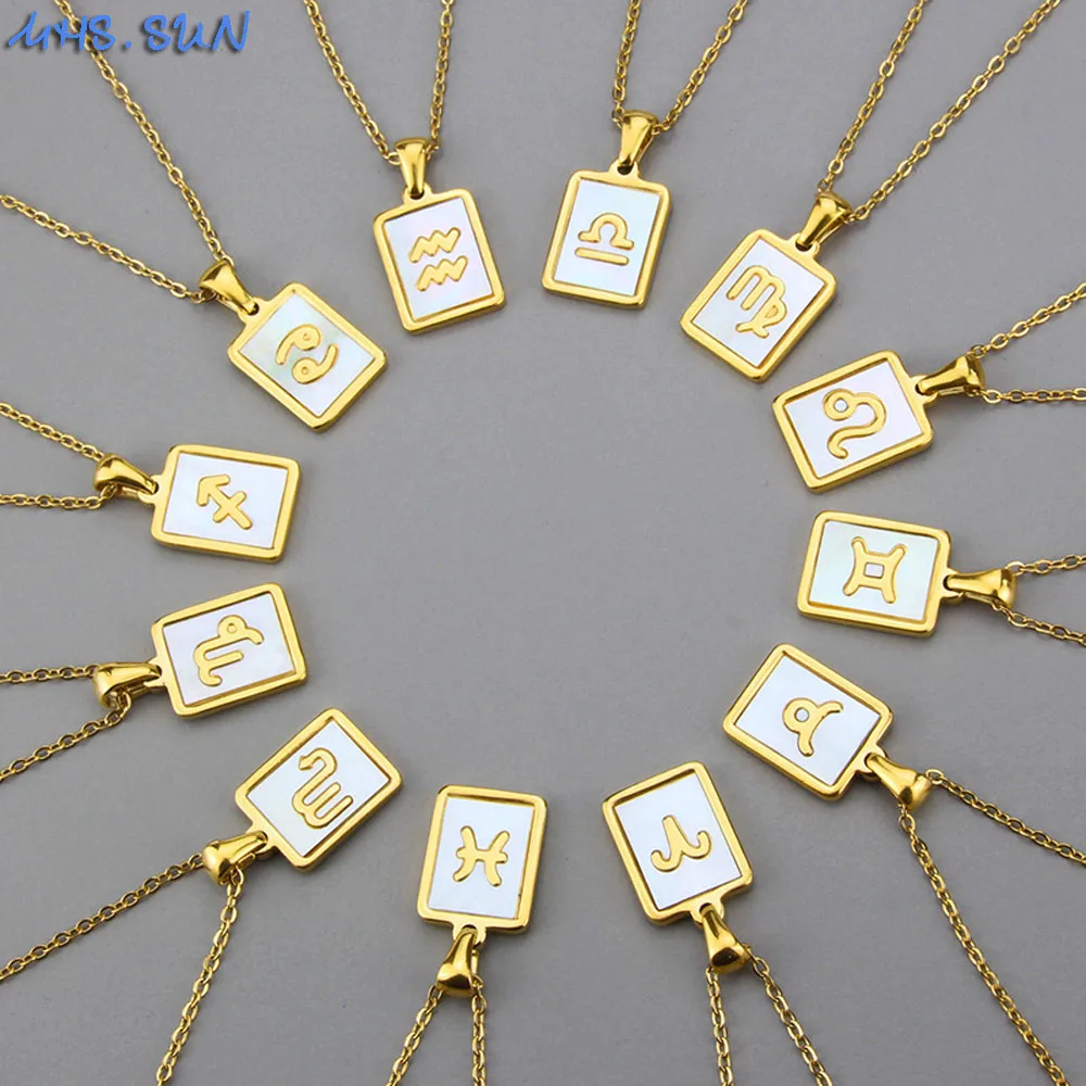 MHS.SUN 12PCS/Lot Fashion Women Stainless Steel Shell Pendant Necklace 12 Constellation Zodiac Sign Necklaces Gold Plated Choker