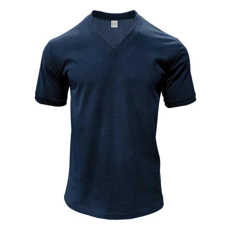 Men's corduroy T European and American summer men's clothing V-neck solid color slim fit casual T-shirt short sleeved top image 3