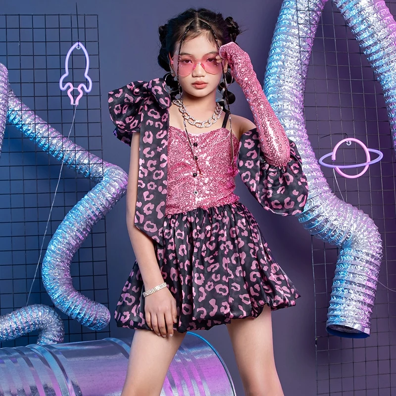 Pink Jazz Dance Stage Costume Girls Hip Hop Performance Clothing Kids Kpop Fashion Runways Show Outfit Children Short Dress 1028