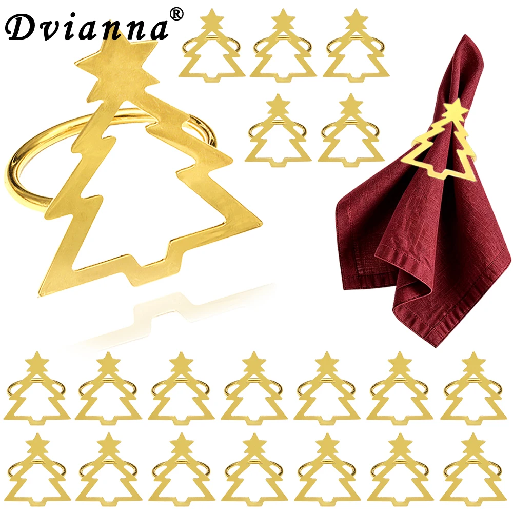 20Pcs Dvianna Christmas Tree Napkin Rings Hollow Metal Napkin Holder Xmas Holiday Dinner Party Table Decor