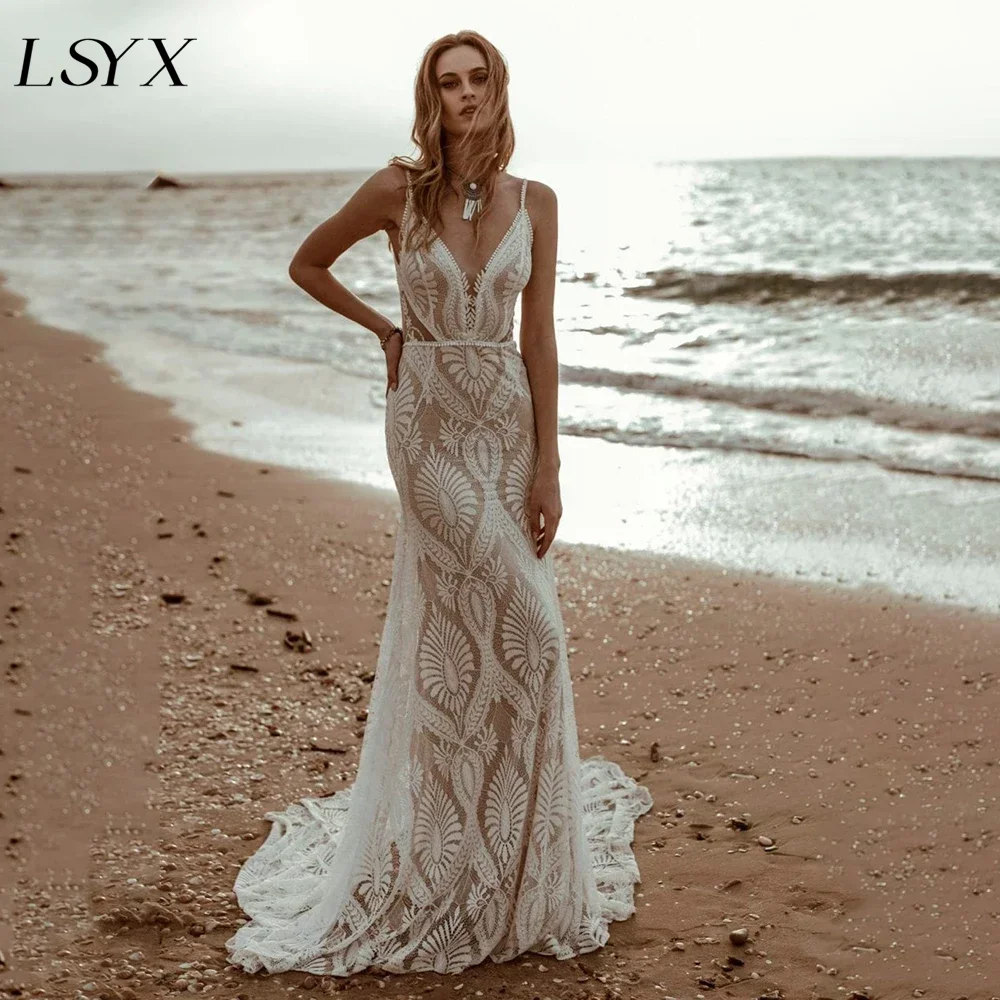 LSYX-Robe de mariée sirène en dentelle à col en V, bretelles spaghetti, dos ouvert, sexy, longueur au sol, robe de patients, sur mesure, plage