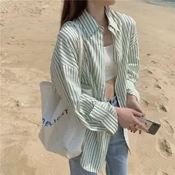 Woman Top Summer Green Long Striped Loose Shirts & Blouses for Women Full Sleeve Button Up Youthful Clothes New 2024 Tall Cool M