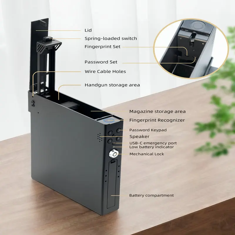 Multi-Scene Biometric Handgun Safe - Auto Sliding Door with 3-Way Access for Car, Bedside & Truck Drawer