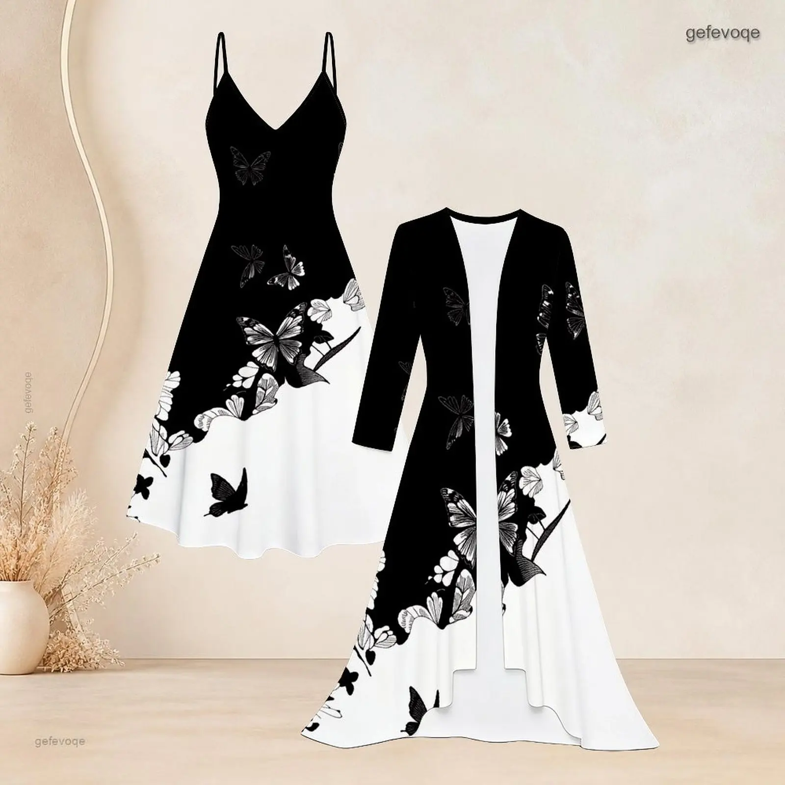 Women Printed Black to Purple Gradient 2 Piece Set, Strappy Flared Dress and Long Sleeve Open Front Cardigan