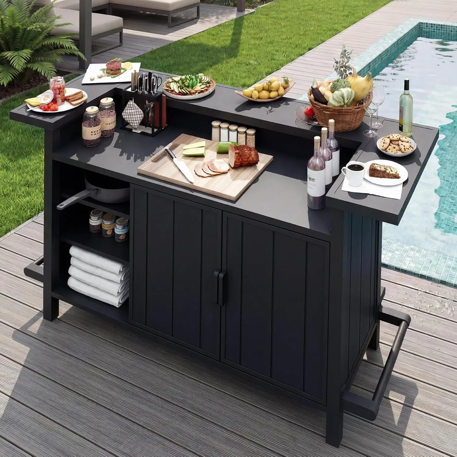 Outdoor Bar Table, Home Bar Unit with Aluminum Frame, with Storage Cabinet & Footrest, Liquor Cabinet Bar