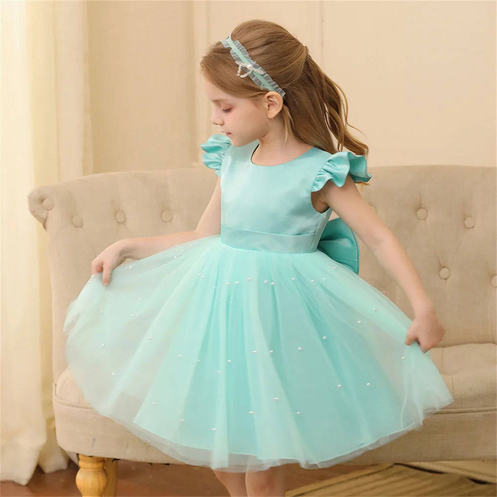 Toddler Girl Flower Birthday Tulle Dress Backless Bow Wedding Gown Kids Party Wear Princess Blue Dress Baby Girl Bowknot Dresses