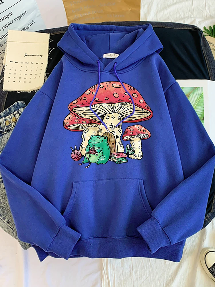 Cottagecore Ästhetischen Frosch Stricken Pilz Haus Drucken Weibliche Harajuku Pelz-Liner Pullover Fashion Hoodies Vintage Frau Tops