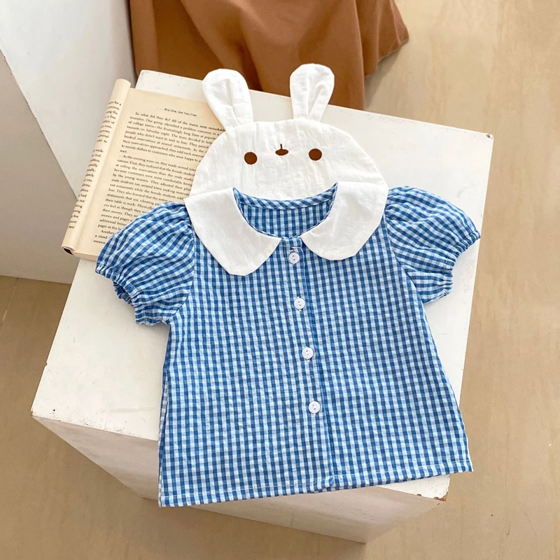 New summer baby clothing, 2-piece set of 0-3 year old female baby rabbit doll collar plaid top and versatile bread pants