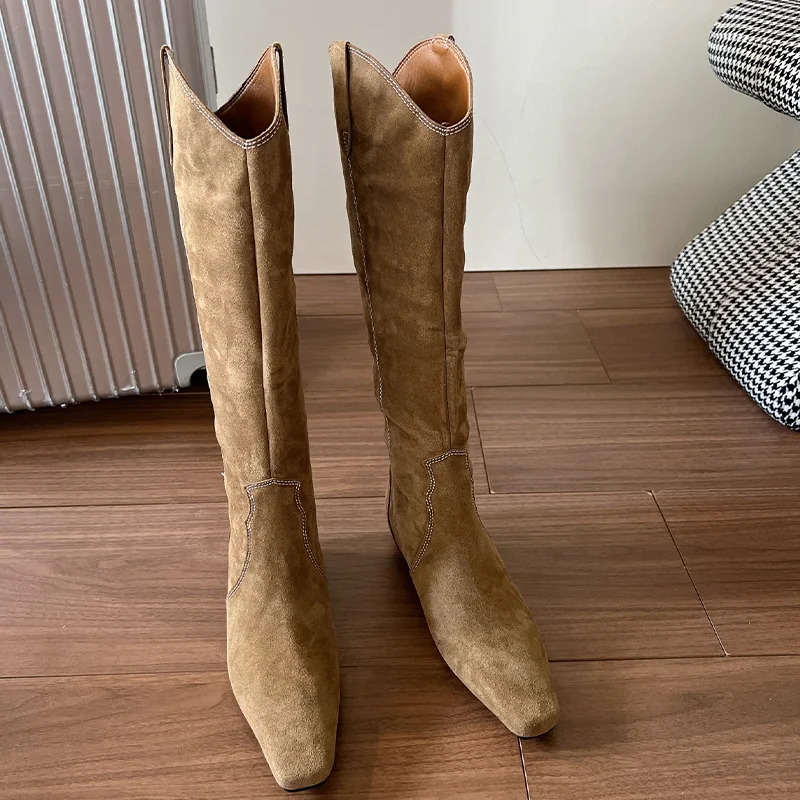 Flats Women's Knee High Boots Fashion Suede Woman Shoes 2025 Winter Chelsea Boots New Walking Trend Dress Long Mujer De Botas