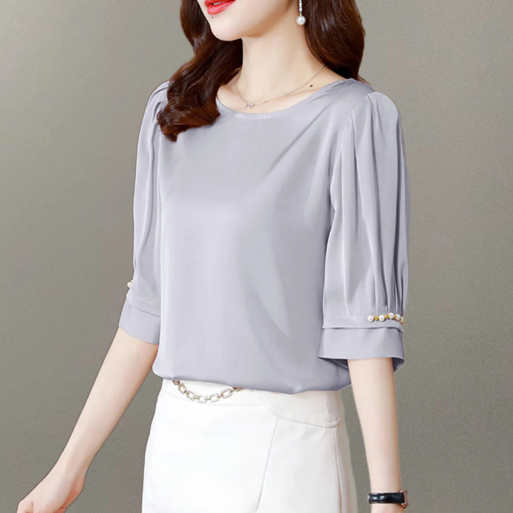 Summer Solid Satin Shirts For Women Fashion Puff Sleeve Beaded Blouses Women 2024 Korean Style Office Lady Simple Basic Tops