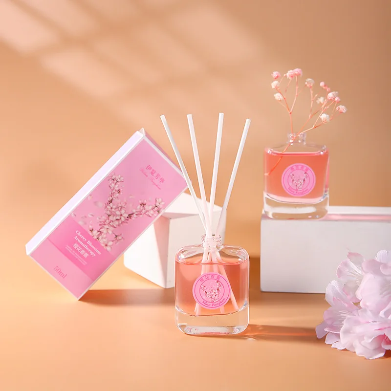 50ml Square Reed Diffuser Bottle with Sakura Essential Oil Diffuser Sets Hotel Home Aromatherapy Air Freshener Home Fragrance