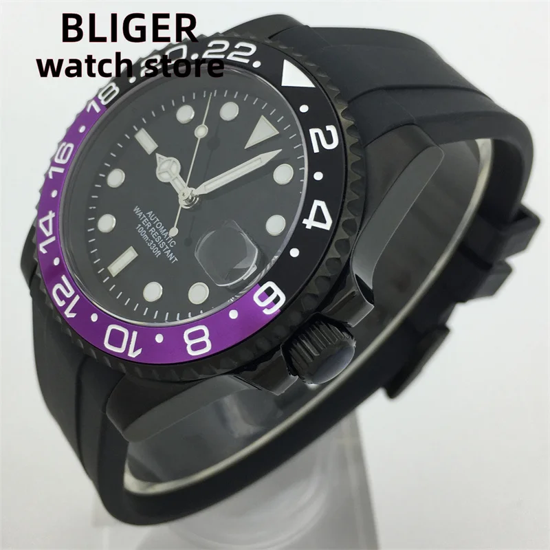 BLIGER NH35 PT5000 MIYOTA Black Purple/Blue Purple Insert Automatic Men\'s Watch 40mm Black case Rubber bracelet Date Sapphire