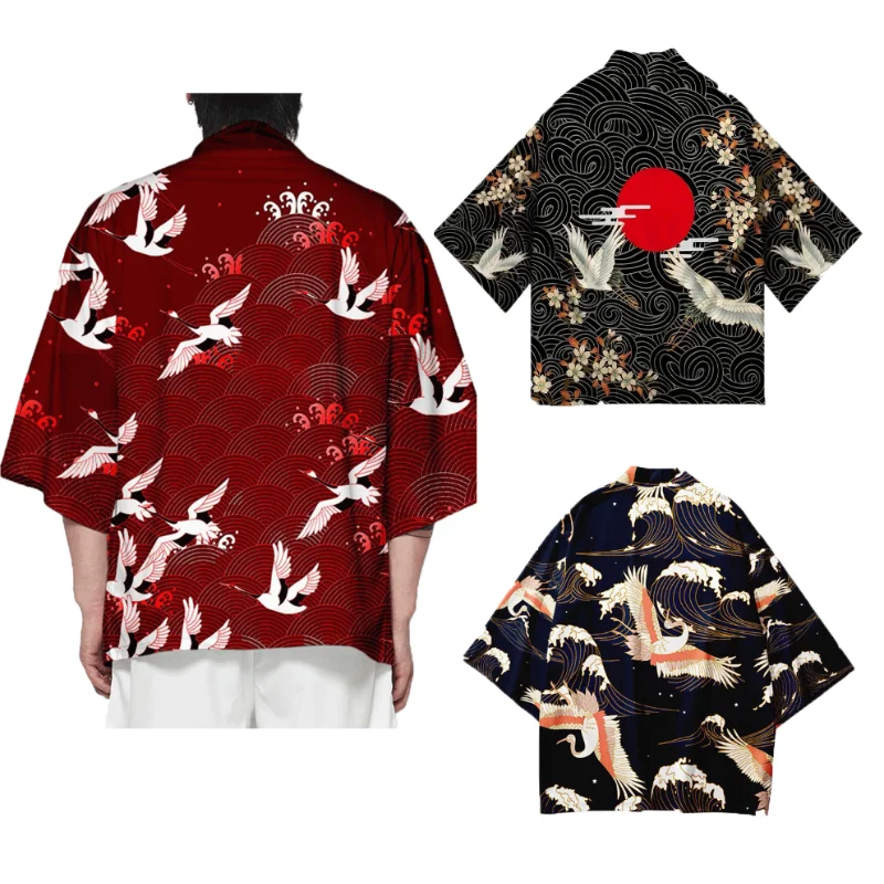 Japanese Kimono for Men and Women, Retro Style, Crane Print, Asian Traditional Costume, Cardigan Coat, Summer Casual, S-3XL,2024