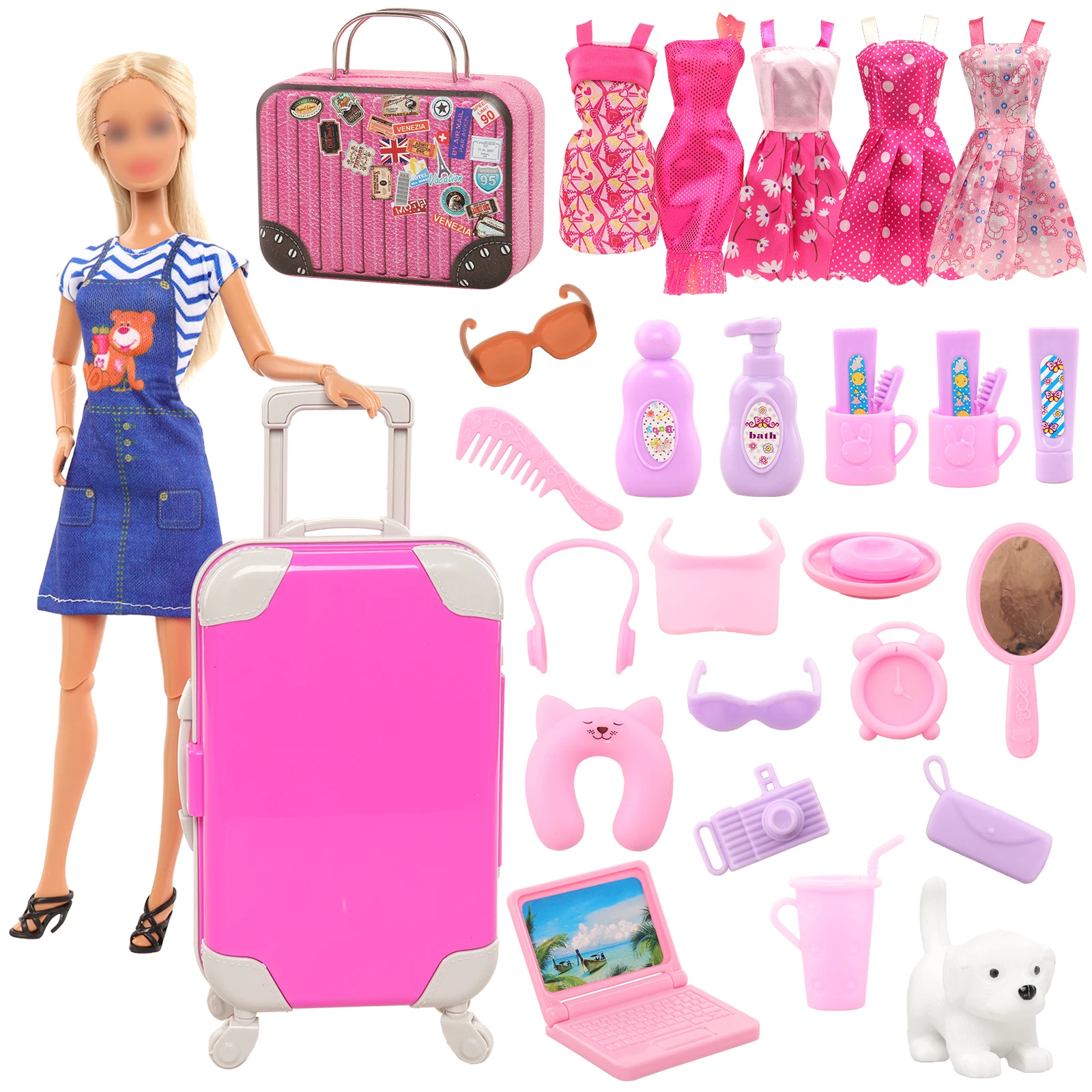 

Barwa 30 Pcs 11.5 Inch Girl Doll Accessories Clothes Pink Plastic Travel Luggage Case Trunk Mini Suitcase Doll