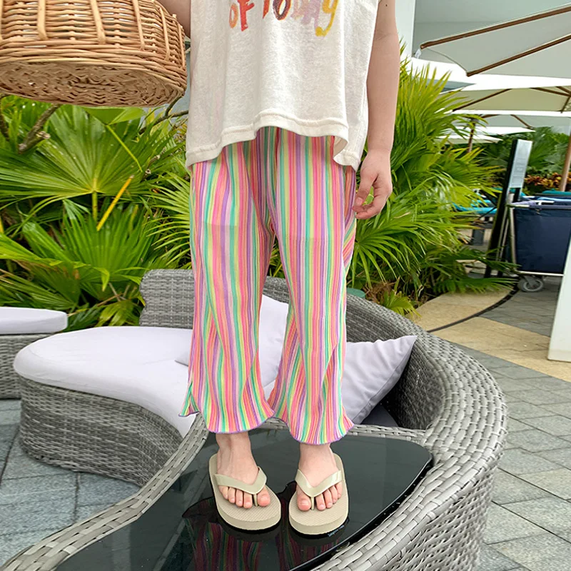 Girls Summer Mosquito Repelling Pants 2023 Children Children Color Striped Pants Straight-Leg Wide-Leg Pants Thin Breathable