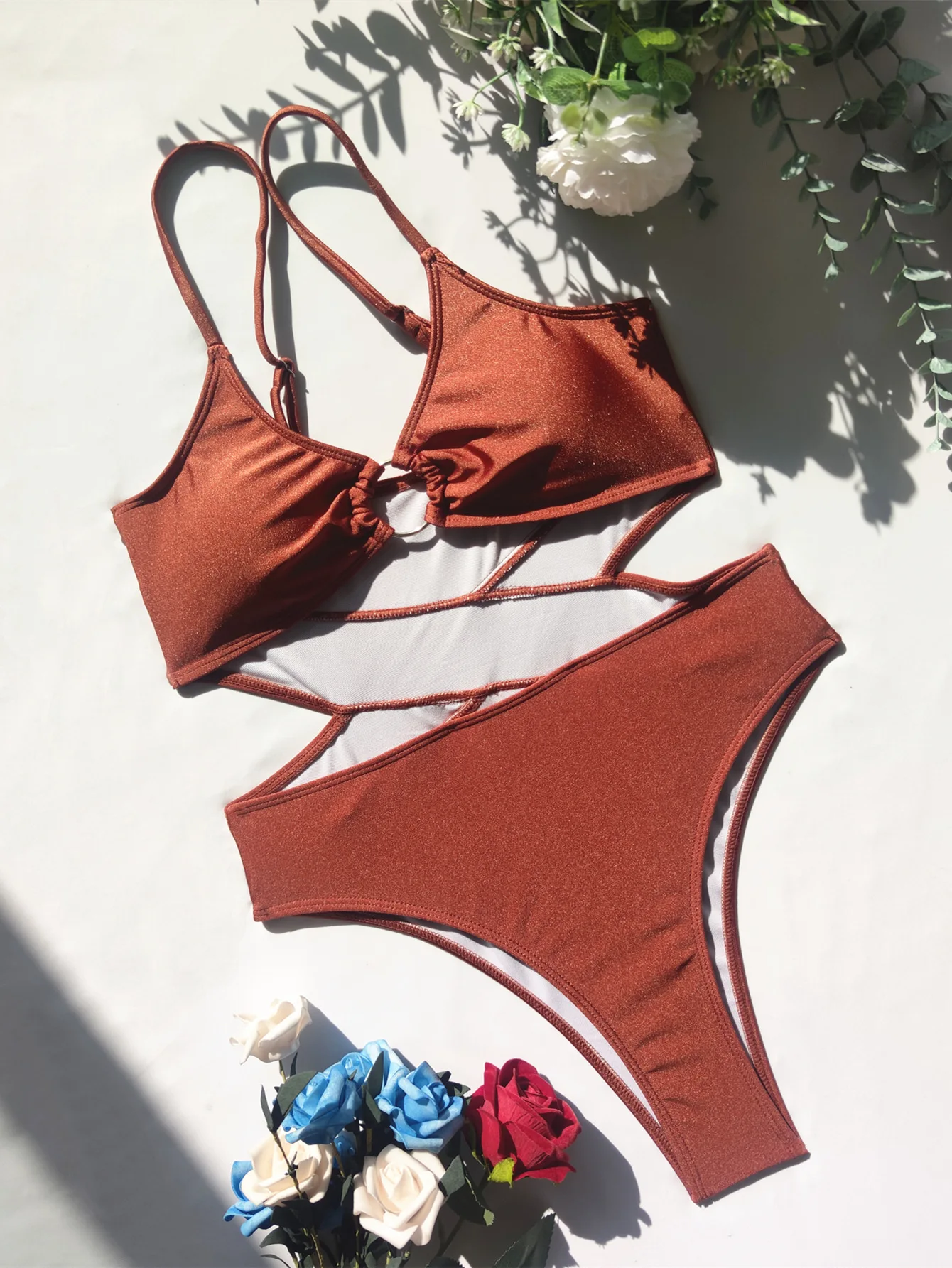 Women's Swimwear 2024 Women Bikini Solid Color Coffee Patchwork Swimsuit Backless Sexy One-Piece Hot Spring Swimwear S-L