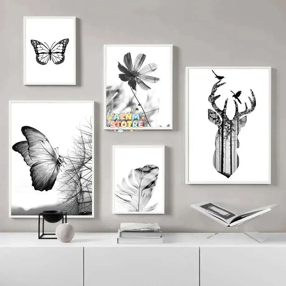 Black and White Flower Plant Dandelion Butterfly Posters Wall Art Canvas Painting Prints Living Room Interior Home Decor
