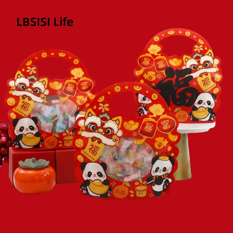 LBSISI Life Happy New Year Candy Bags 10/50pcs Plastic Zipper Handle Bags for Snack Cookie Biscuit Bread Chocolate Packing Gift