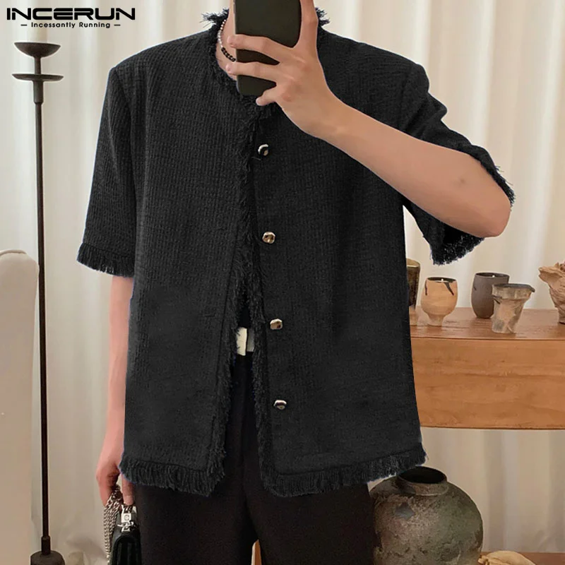 2023 Fashion Men Shirt Tassel Short Sleeve Button Up Streetwear Solid Casual Shirts Summer Korean Men Clothing INCERUN S-5XL