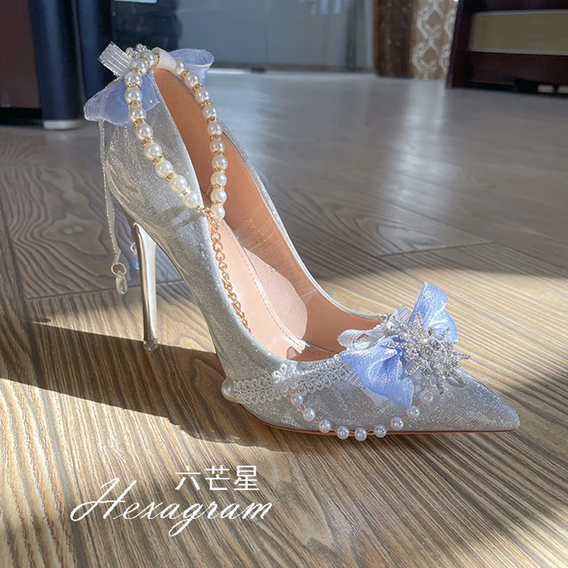 French Lolita Elegant Palaca Girl Shoes Noble Gentle Tea Party Lace Bowknot Pearls Gems Wedding Pointed Sandals High Heeled