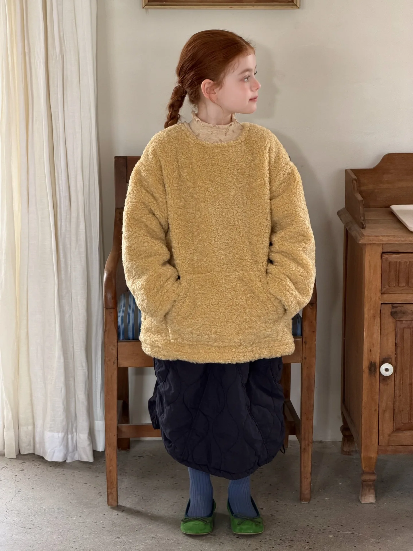Korean Children's Clothing 2026 Winter New Item Girls' Hoodie Long Woolen Sweater Yellow Pullover Thick Top