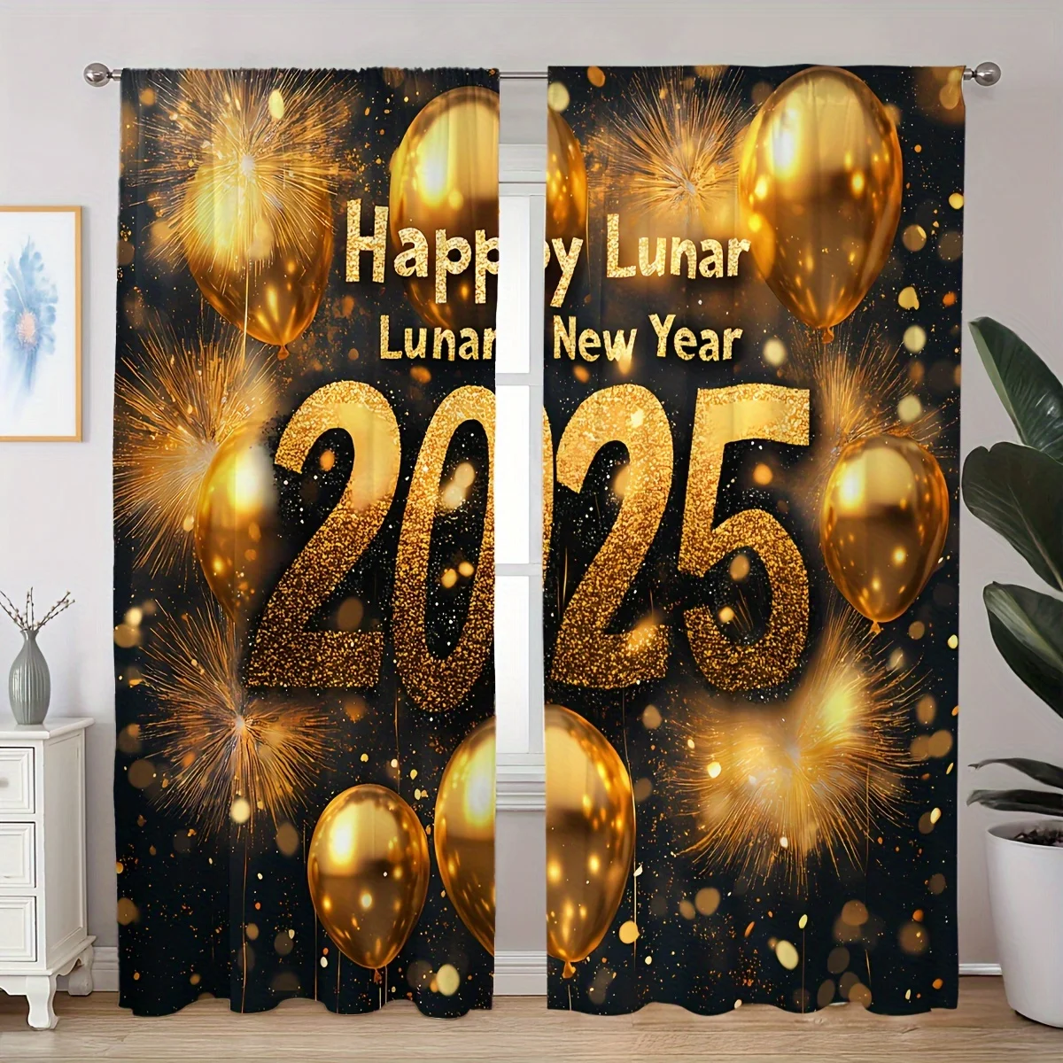 2pcs Classic Happy New Year Fireworks Balloon Clock Digital Floral Printed Curtains for Living Room Bedroom Study Dining Room