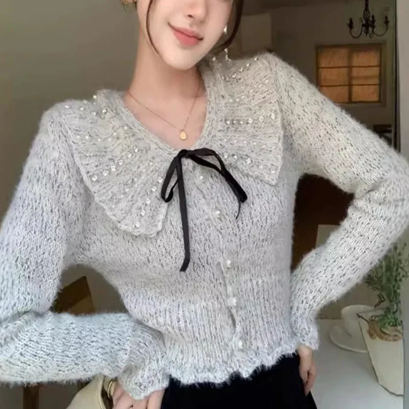 

Свитер в Корейском стиле, кардиган на осень и зиму, Женское пальто, новинка, Повседневная Свободная однобортная куртка с длинным рукавом и зеленым воротником