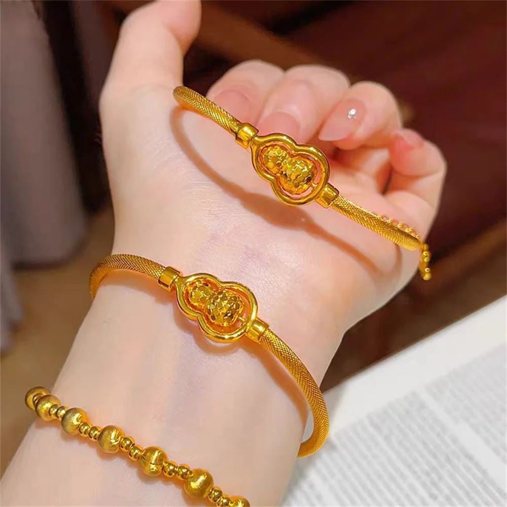 OUYADI 14K Gold Plated Stainless Steel Rotatable Gourd Mesh Open Cuff Bangle, New Chinese Style Fu Lu Unisex Jewelry Gift