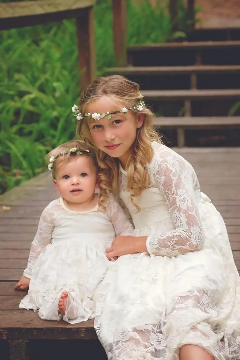 Fancy Ivory White Lace Flower Girl Dress Bohemian Princess BirthdayParty Dance Formal EveningGown Communion Gown Bow Fairy Dress