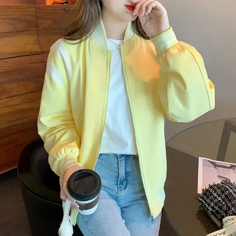 Women's Bomber Jackets Zip-up Female Baseball Aviator Coats Splicing Yellow Chic Youthful Long Sleeve Elegant 2025 Trend Deals