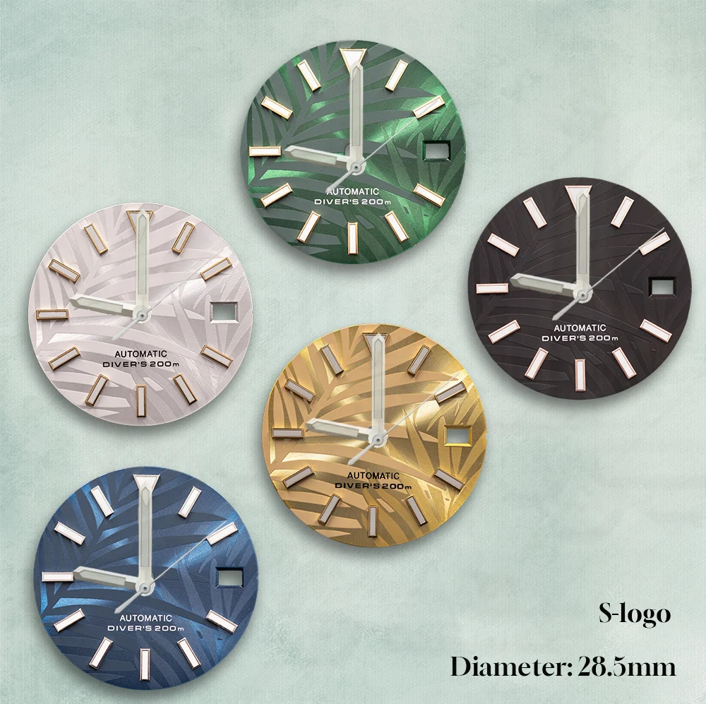 

High-Quality Mod Kit: 28.5mm S Logo Bamboo Leaf Dial for NH35 with Green Lume | Professional Watch Modification Accessories