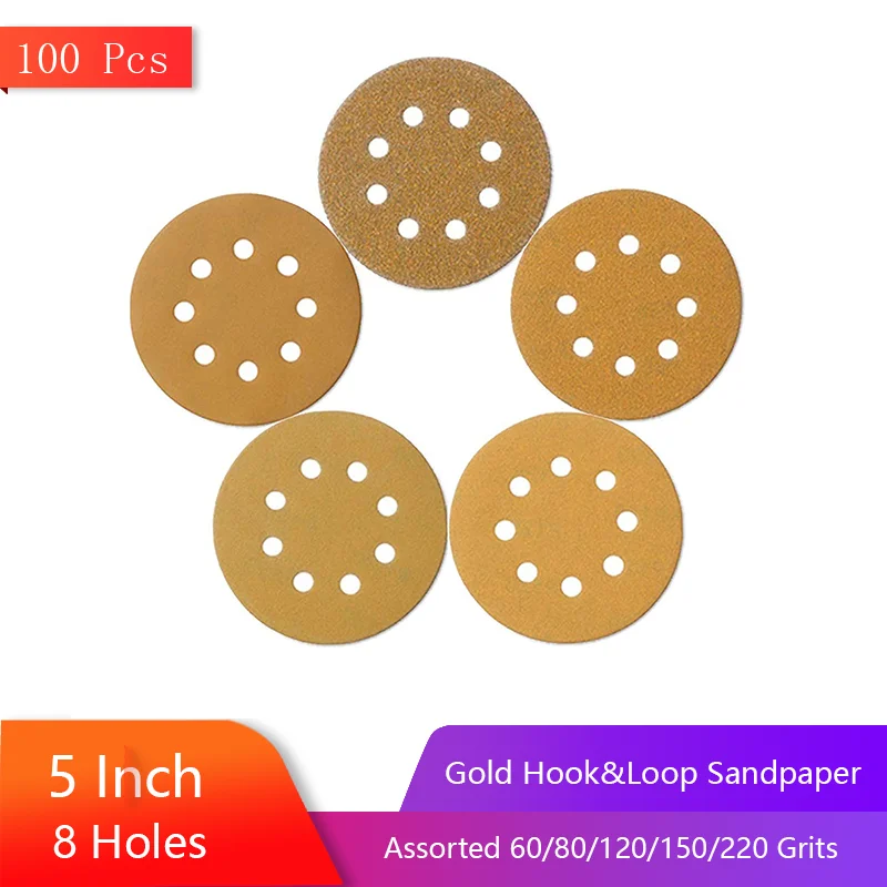 5 Inch 8 Holes Gold Hook & Loop Sandpaper 100 Pcs Durable Aluminum Oxide Grain 60/80/120/150/220 Assorted Grit for Polishing